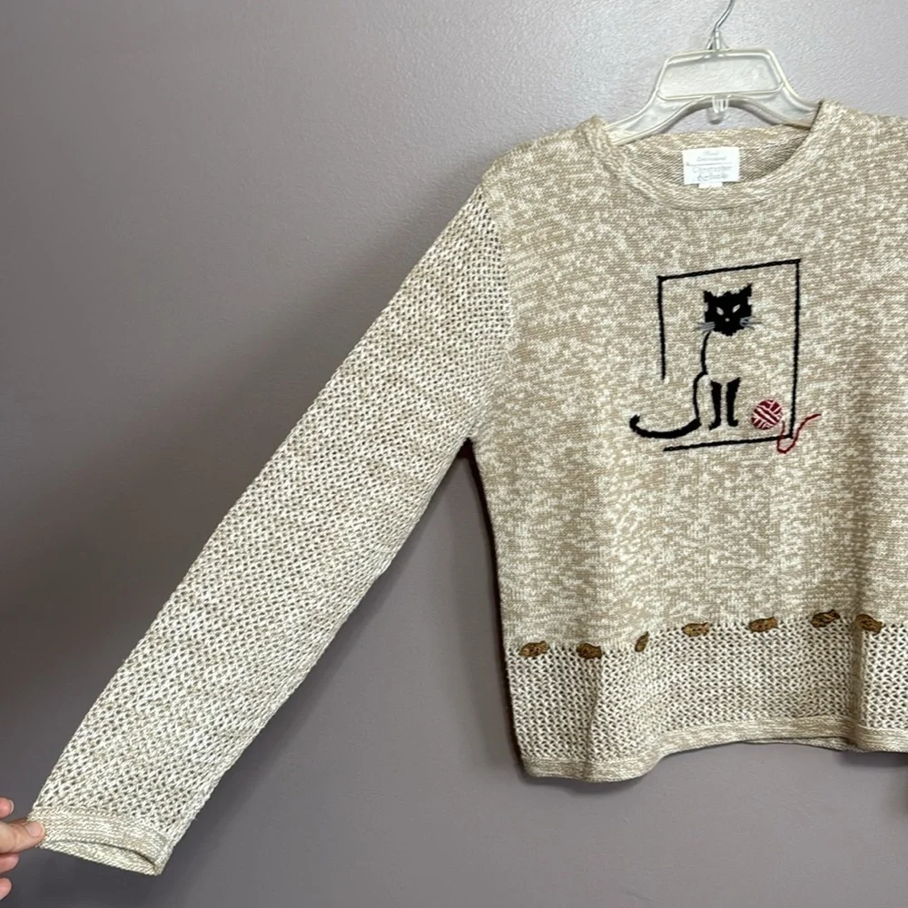 Vintage Y2K Christopher & Banks Cat Embroidered Knit Crewneck Sweater Medium - Picture 3 of 8